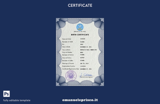 modello PSD del certificato di nascita del Mali in stile verificato